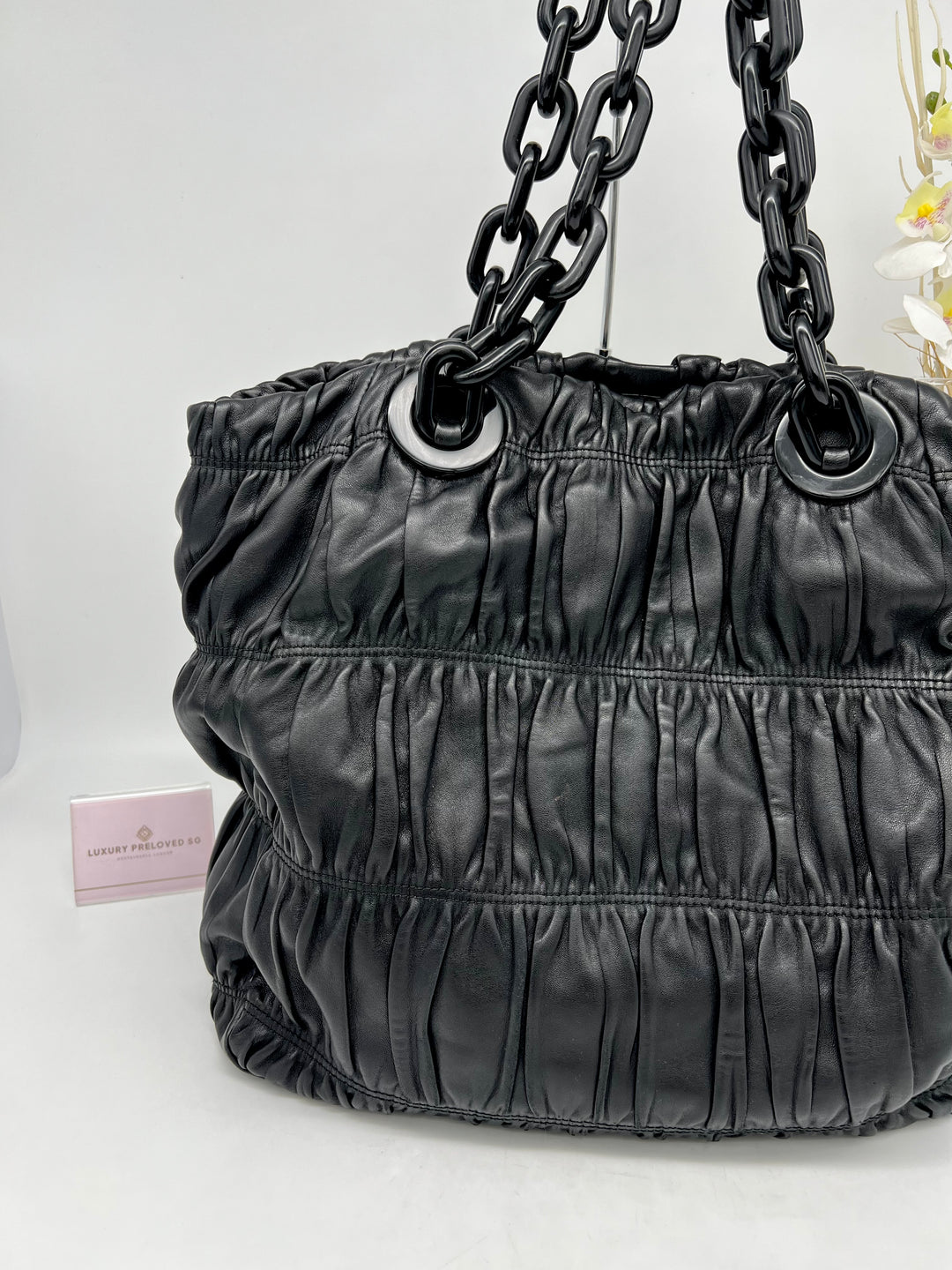 PRADA LEATHER GATHER NAPPA CHUNKY CHAIN SHOULDER BAG