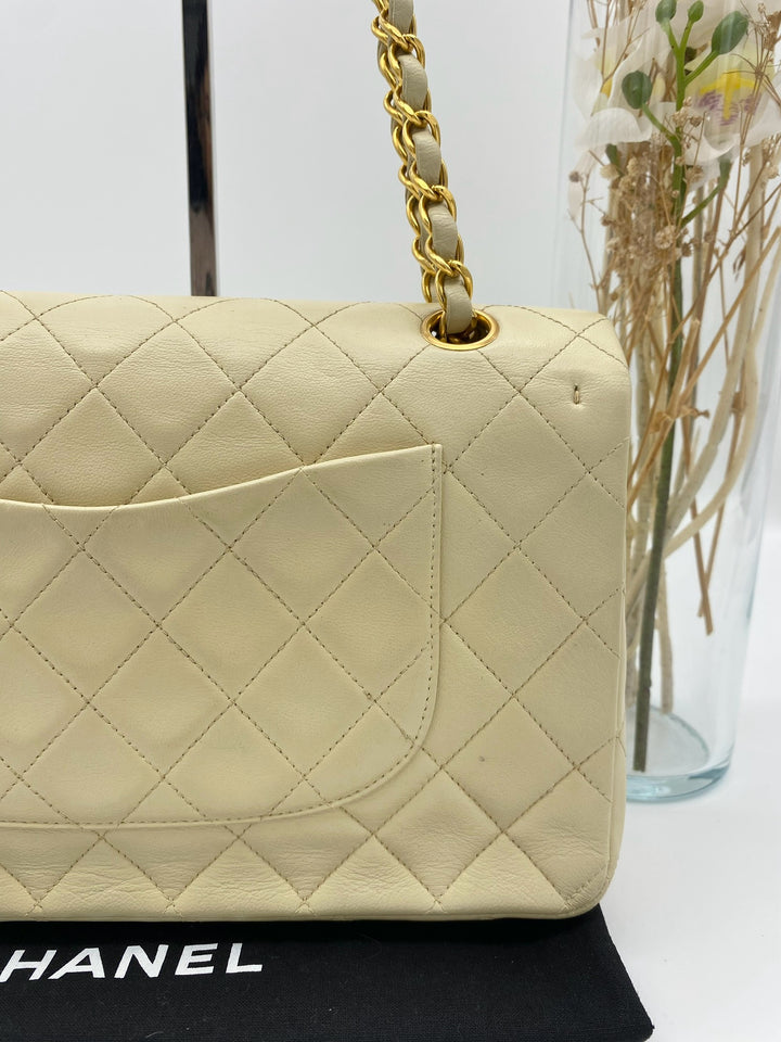 CHANEL VINTAGE DOUBLE FLAP LAMBSKIN BEIGE MEDIUM