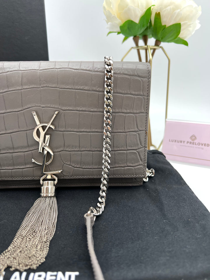 YVES SAINT LAURENT MONOGRAM KATE SMALL TASSEL EMBOSSED CROC BAG