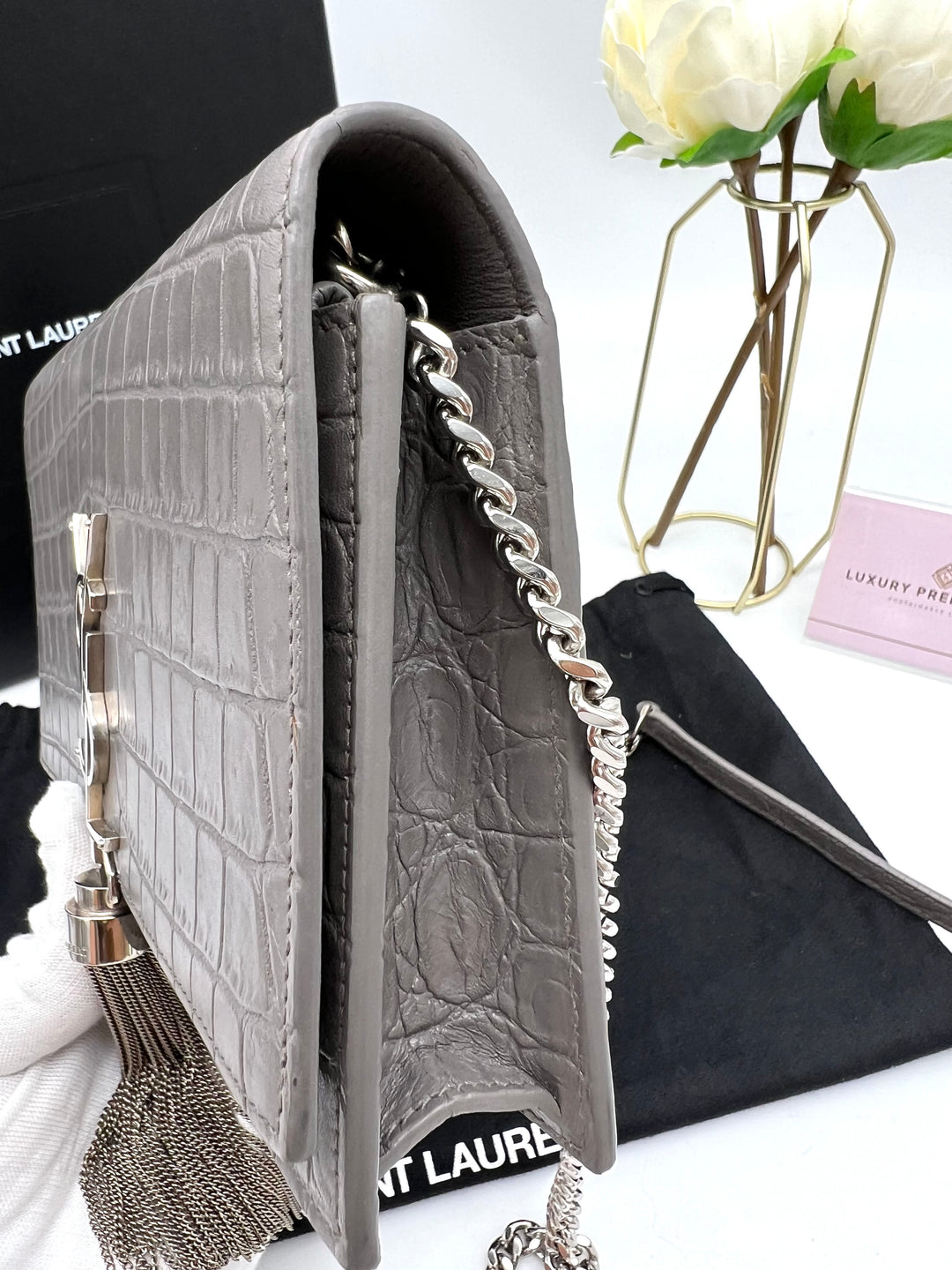 YVES SAINT LAURENT MONOGRAM KATE SMALL TASSEL EMBOSSED CROC BAG