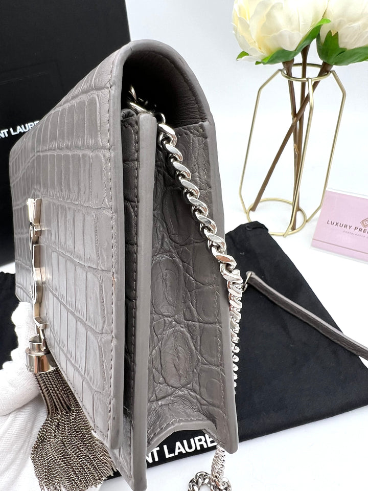 YVES SAINT LAURENT MONOGRAM KATE SMALL TASSEL EMBOSSED CROC BAG