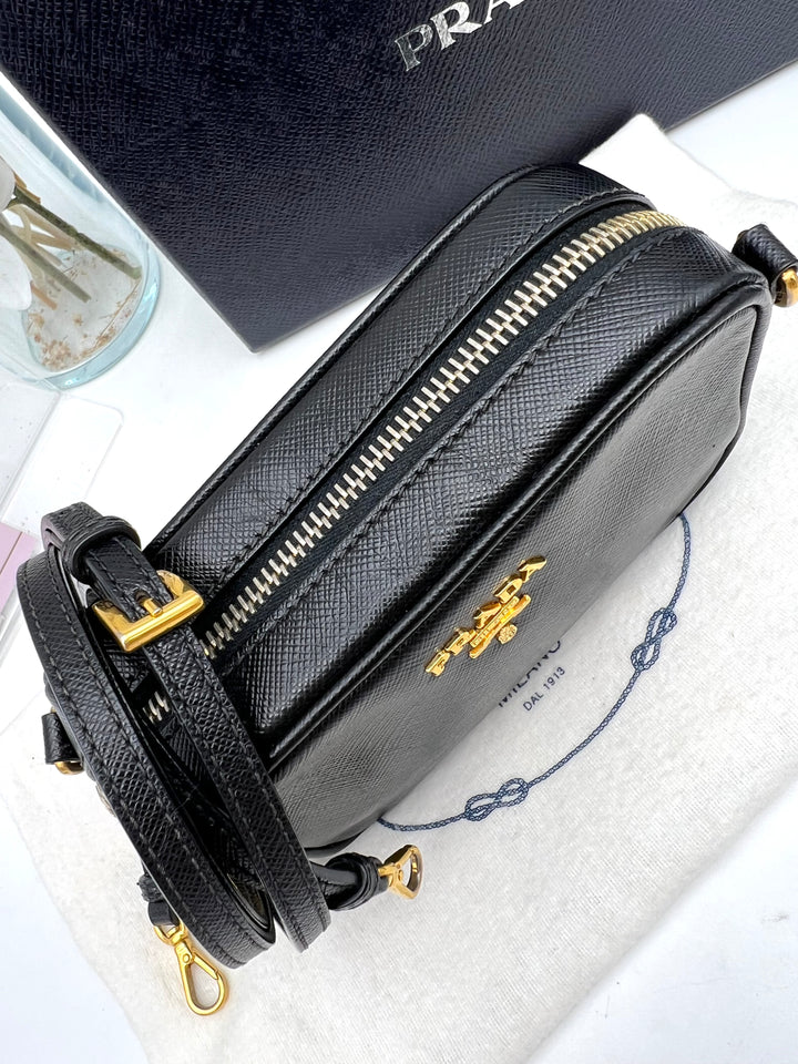 PRADA MINI CAMERA BAG SAFFIANO BLACK