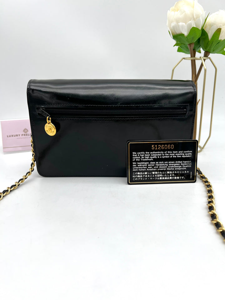 CHANEL TIMELESS WALLET ON CHAIN BLACK PATENT