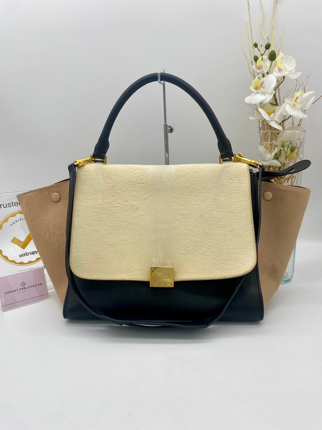 CELINE BLACK BEIGE PONY HAIR TRAPEZE 2 WAY SHOULDER BAG Luxury Preloved SG