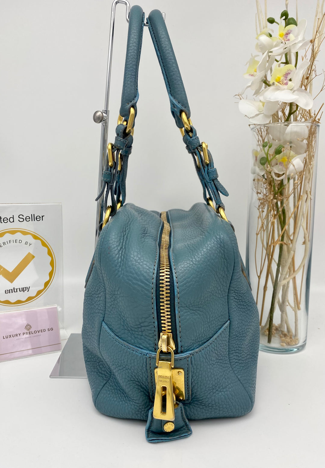 PRADA BLUE LEATHER DAINO BOSTON BAG