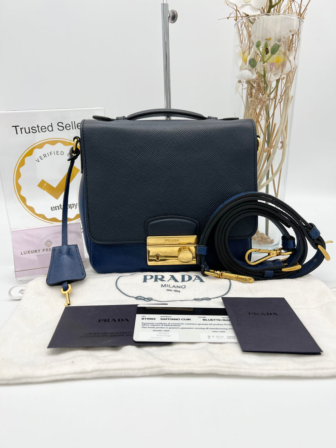 PRADA SAFFIANO NAVY BLUE AND GOLD SHOULDER BAG