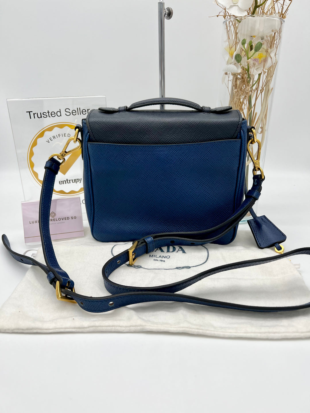 PRADA SAFFIANO NAVY BLUE AND GOLD SHOULDER BAG