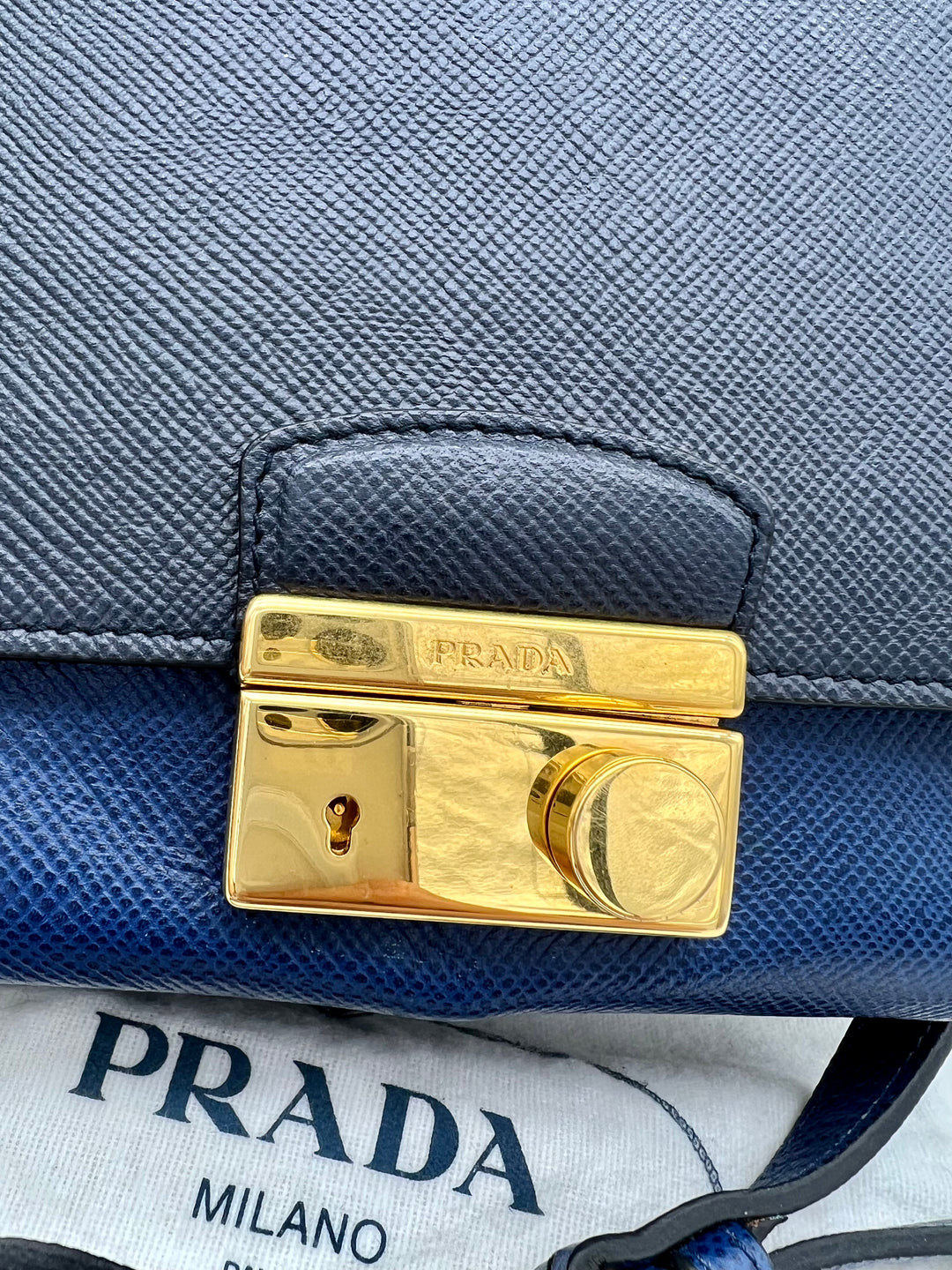 PRADA SAFFIANO NAVY BLUE AND GOLD SHOULDER BAG