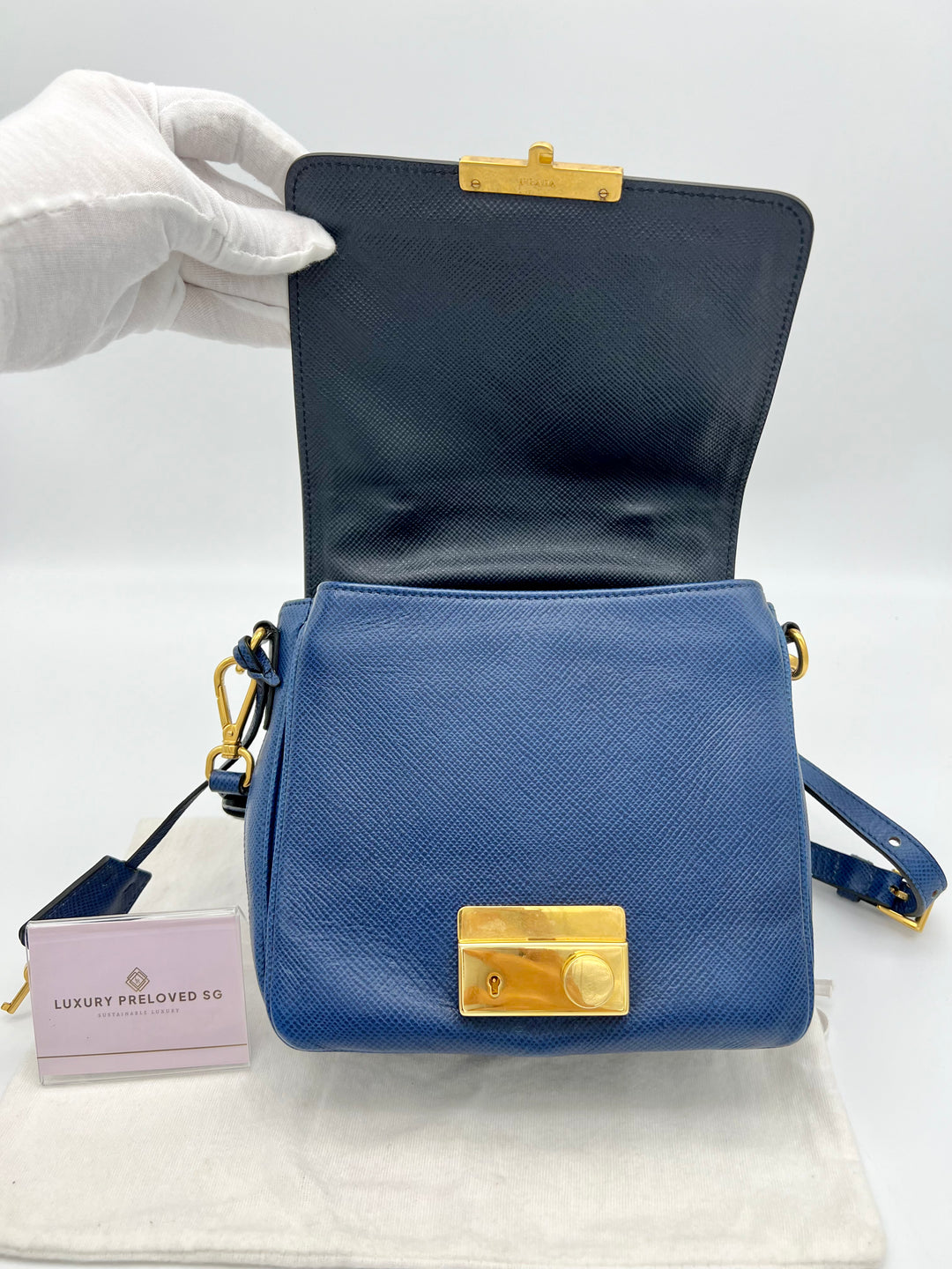 PRADA SAFFIANO NAVY BLUE AND GOLD SHOULDER BAG