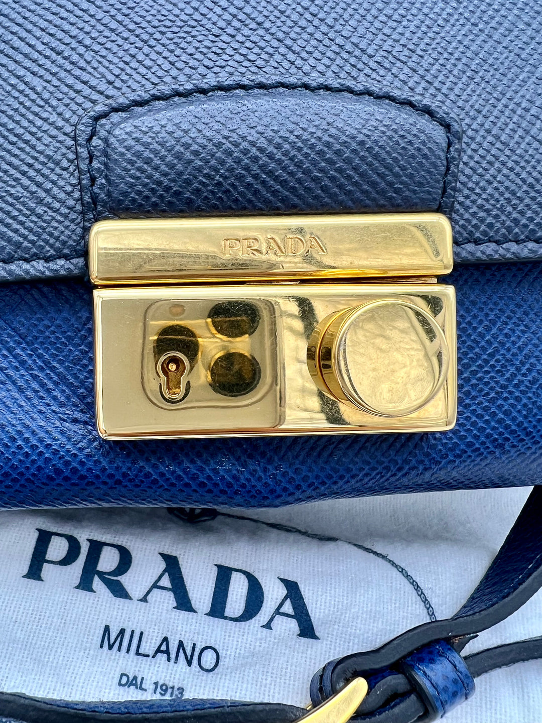 PRADA SAFFIANO NAVY BLUE AND GOLD SHOULDER BAG