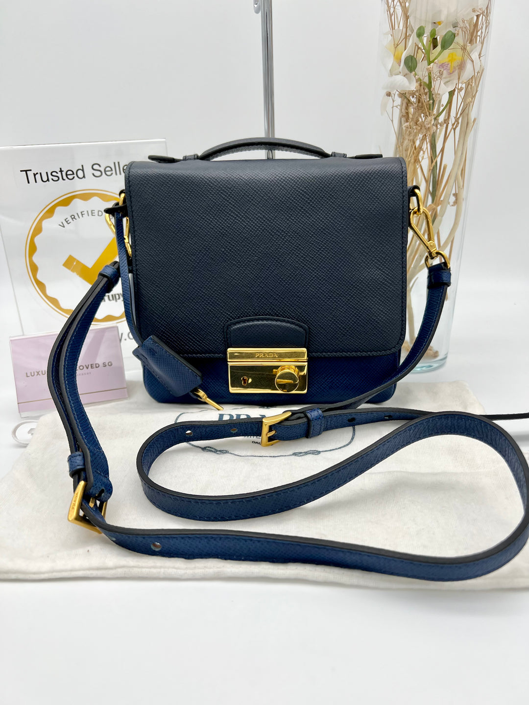 PRADA SAFFIANO NAVY BLUE AND GOLD SHOULDER BAG