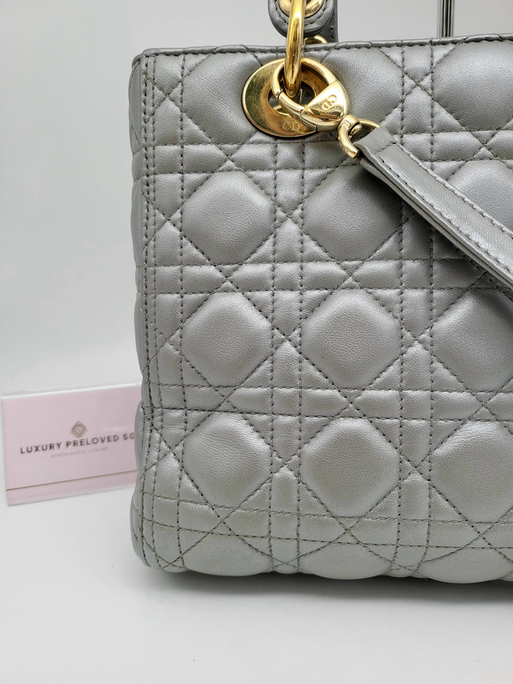CHRISTIAN DIOR LADY DIOR MEDIUM PEARL GREY LAMBSKIN LEATHER