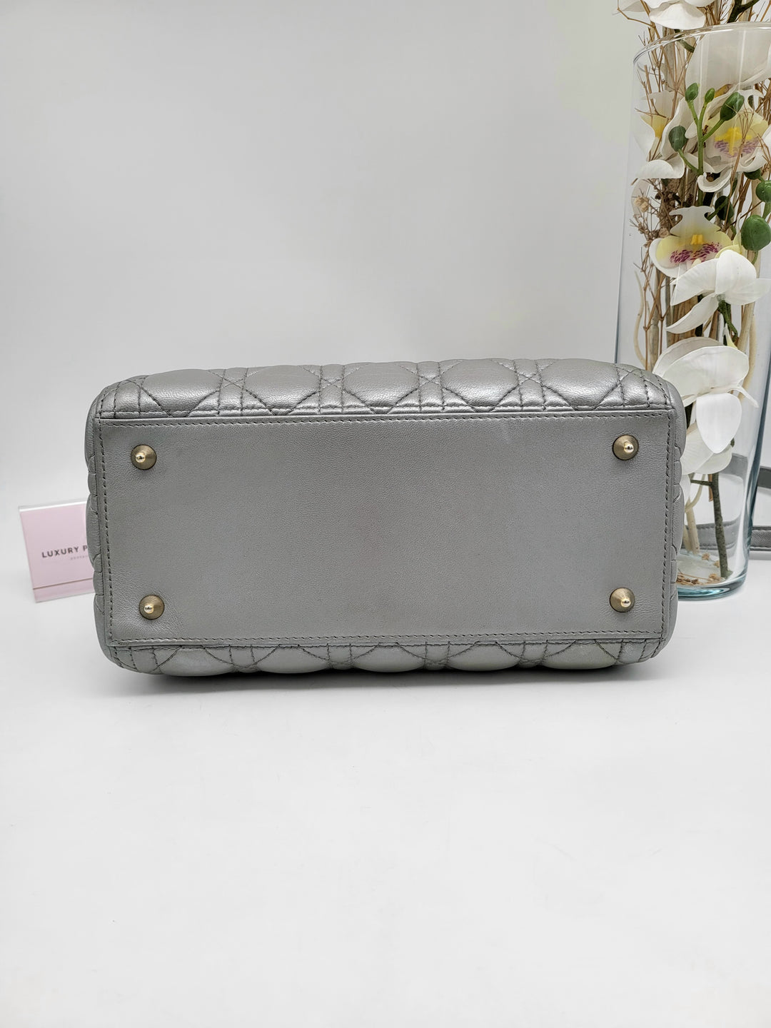 CHRISTIAN DIOR LADY DIOR MEDIUM PEARL GREY LAMBSKIN LEATHER