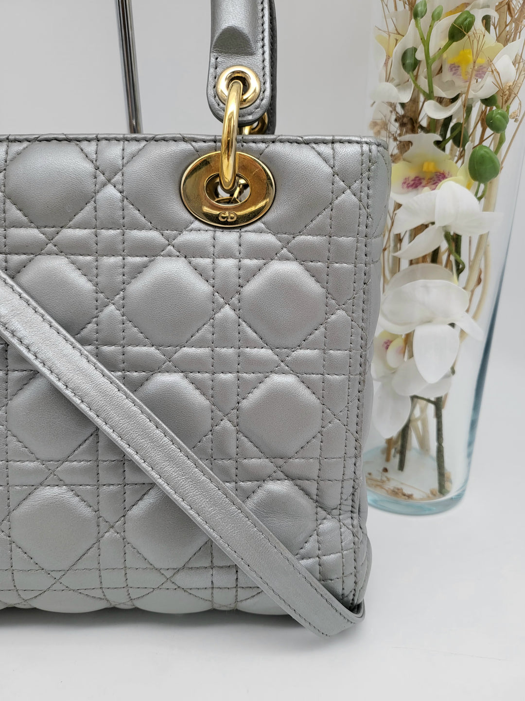 CHRISTIAN DIOR LADY DIOR MEDIUM PEARL GREY LAMBSKIN LEATHER
