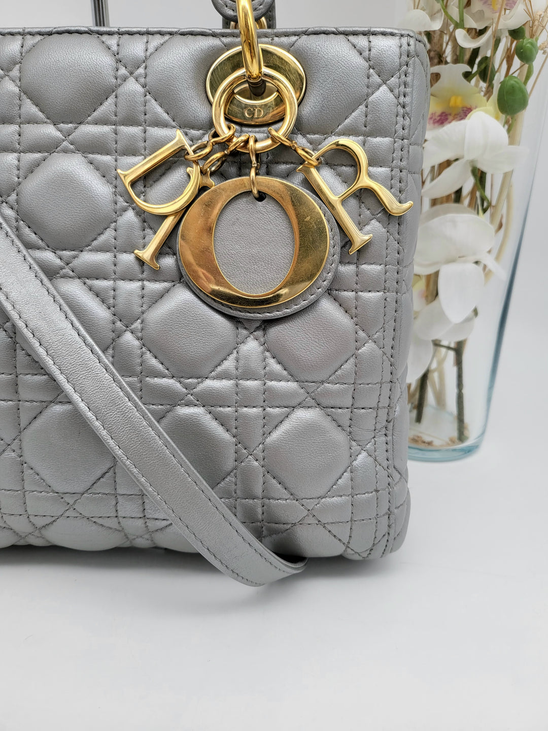CHRISTIAN DIOR LADY DIOR MEDIUM PEARL GREY LAMBSKIN LEATHER