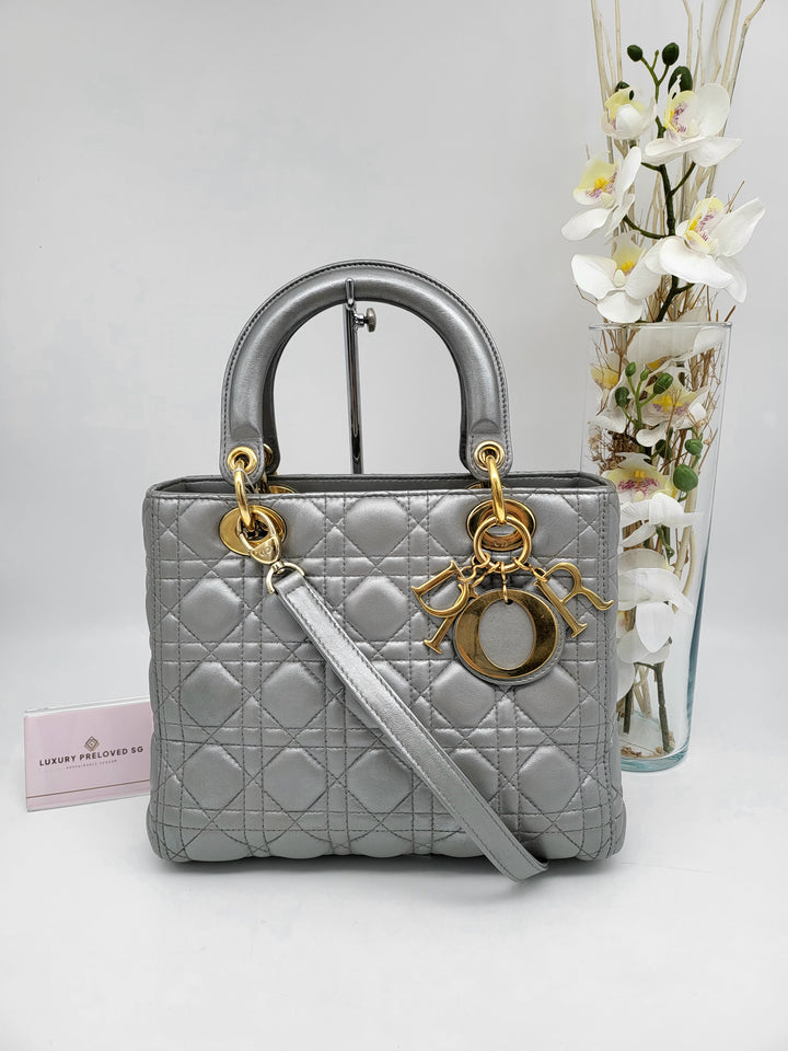 CHRISTIAN DIOR LADY DIOR MEDIUM PEARL GREY LAMBSKIN LEATHER