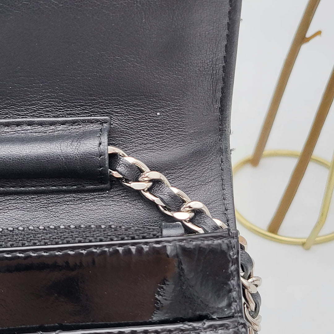 CHANEL PATENT LEATHER WALLET ON CHAIN