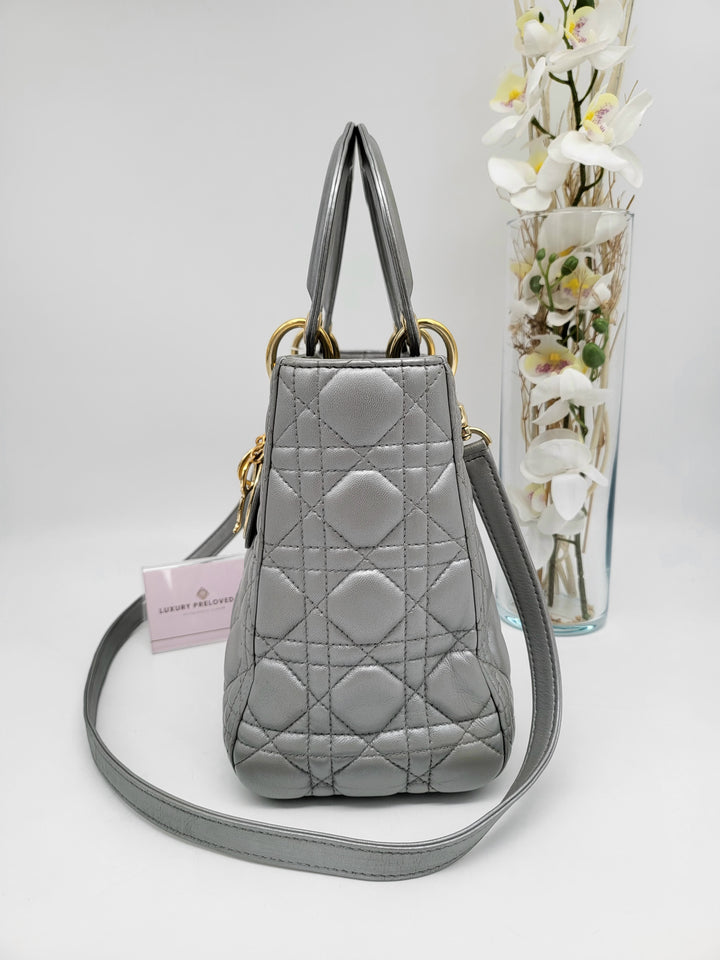 CHRISTIAN DIOR LADY DIOR MEDIUM PEARL GREY LAMBSKIN LEATHER