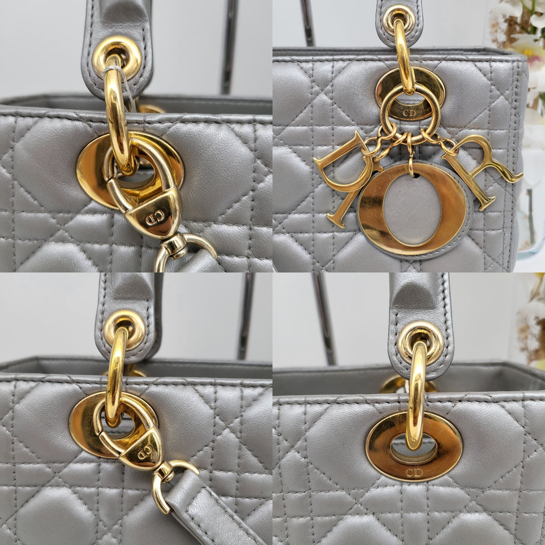 CHRISTIAN DIOR LADY DIOR MEDIUM PEARL GREY LAMBSKIN LEATHER