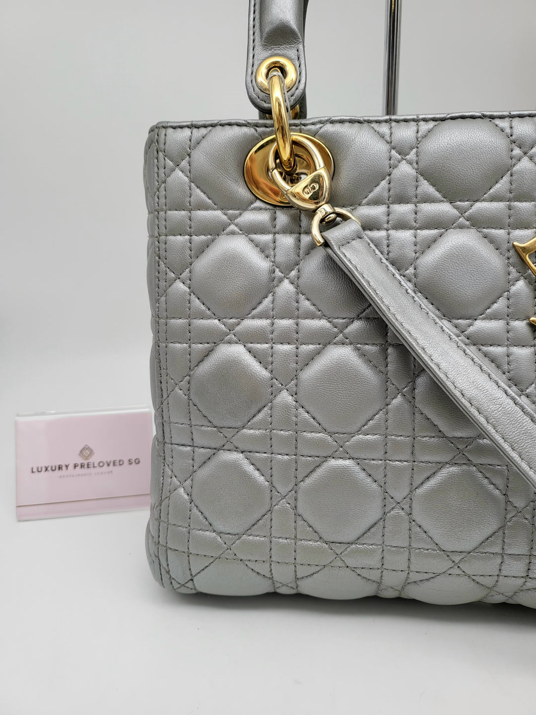 CHRISTIAN DIOR LADY DIOR MEDIUM PEARL GREY LAMBSKIN LEATHER
