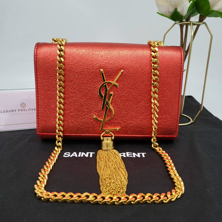 YVES SAINT LAURENT KATE SMALL TASSEL CHAIN BAG METALLIC