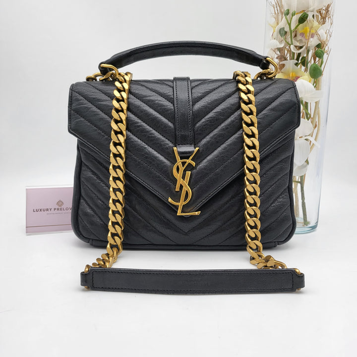 YVES SAINT LAURENT COLLEGE CHEVRON QUILTED BAG GHW MEDIUM