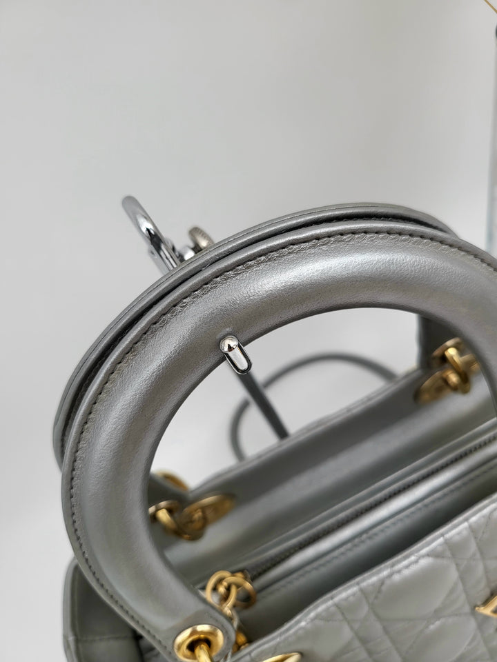 CHRISTIAN DIOR LADY DIOR MEDIUM PEARL GREY LAMBSKIN LEATHER