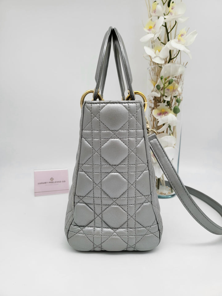 CHRISTIAN DIOR LADY DIOR MEDIUM PEARL GREY LAMBSKIN LEATHER