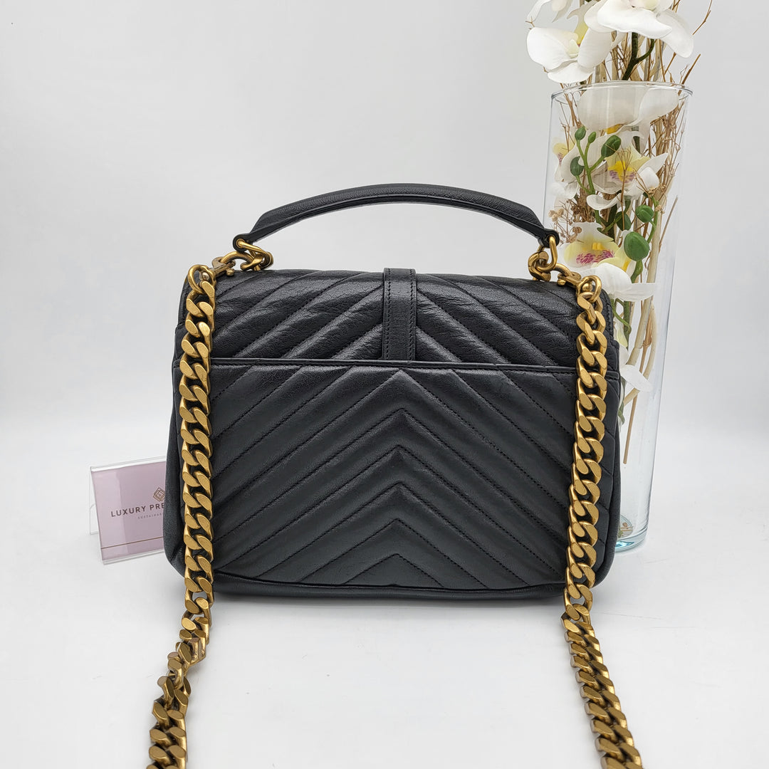 YVES SAINT LAURENT COLLEGE CHEVRON QUILTED BAG GHW MEDIUM