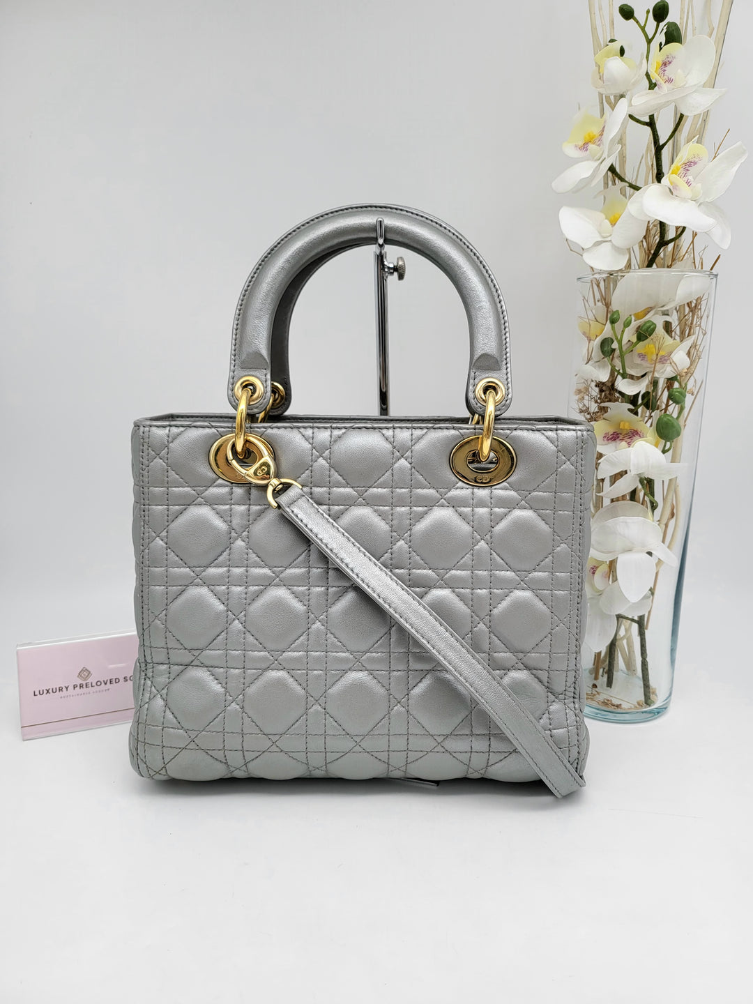 CHRISTIAN DIOR LADY DIOR MEDIUM PEARL GREY LAMBSKIN LEATHER