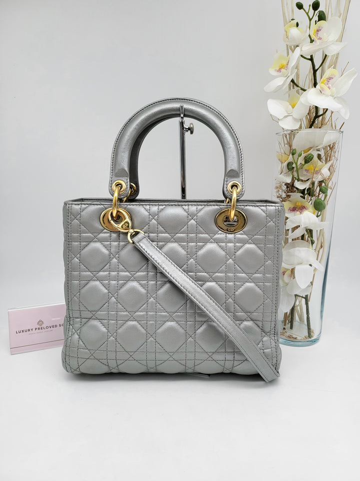 CHRISTIAN DIOR LADY DIOR MEDIUM PEARL GREY LAMBSKIN LEATHER
